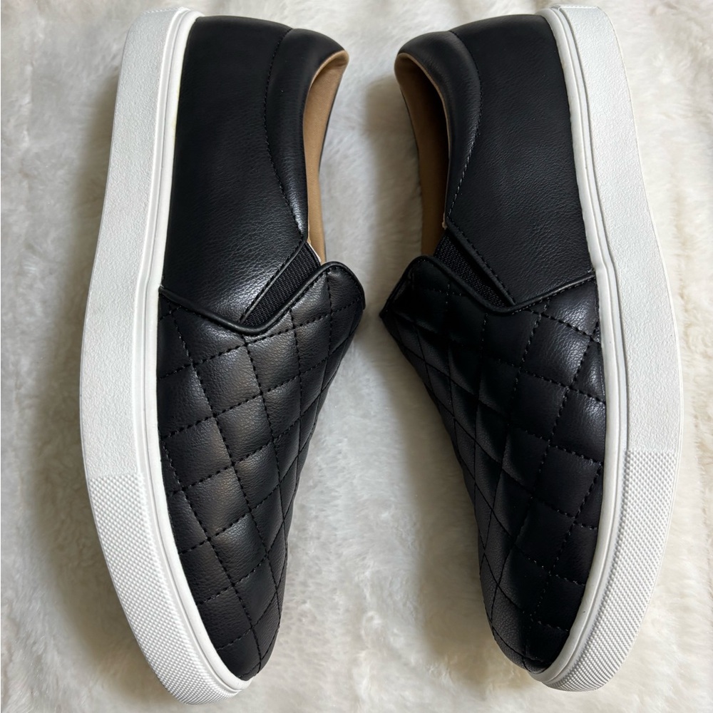 STQ Elegant Black Quilted Leather Slip-On Loafer Tennis Shoes
